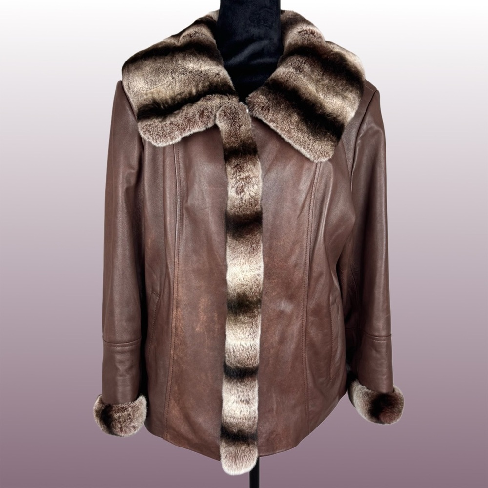 Chosen Couture Brown Buttery Leather Coat With Rabbit Fur Trim